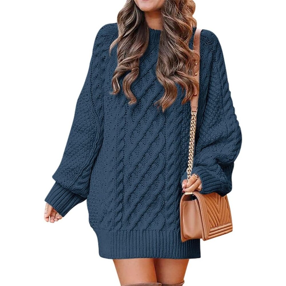 Women Oversized Cable Knit Sweater Navy Chunky Long Sleeve Fall Winter Outfit
